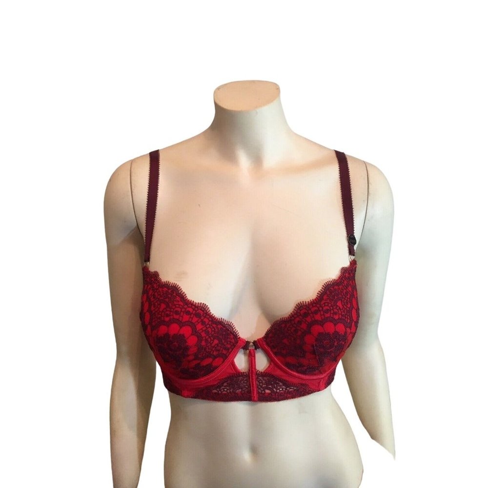 Ann Summers Red With Dark Red Overlay Push-Up Padded 32DD Bra NEW